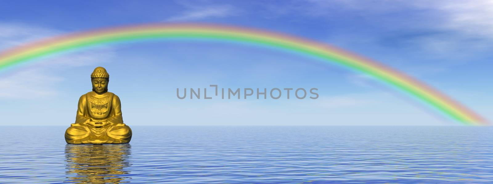 Small golden buddha meditating under rainbow and upon water by day - 3D render