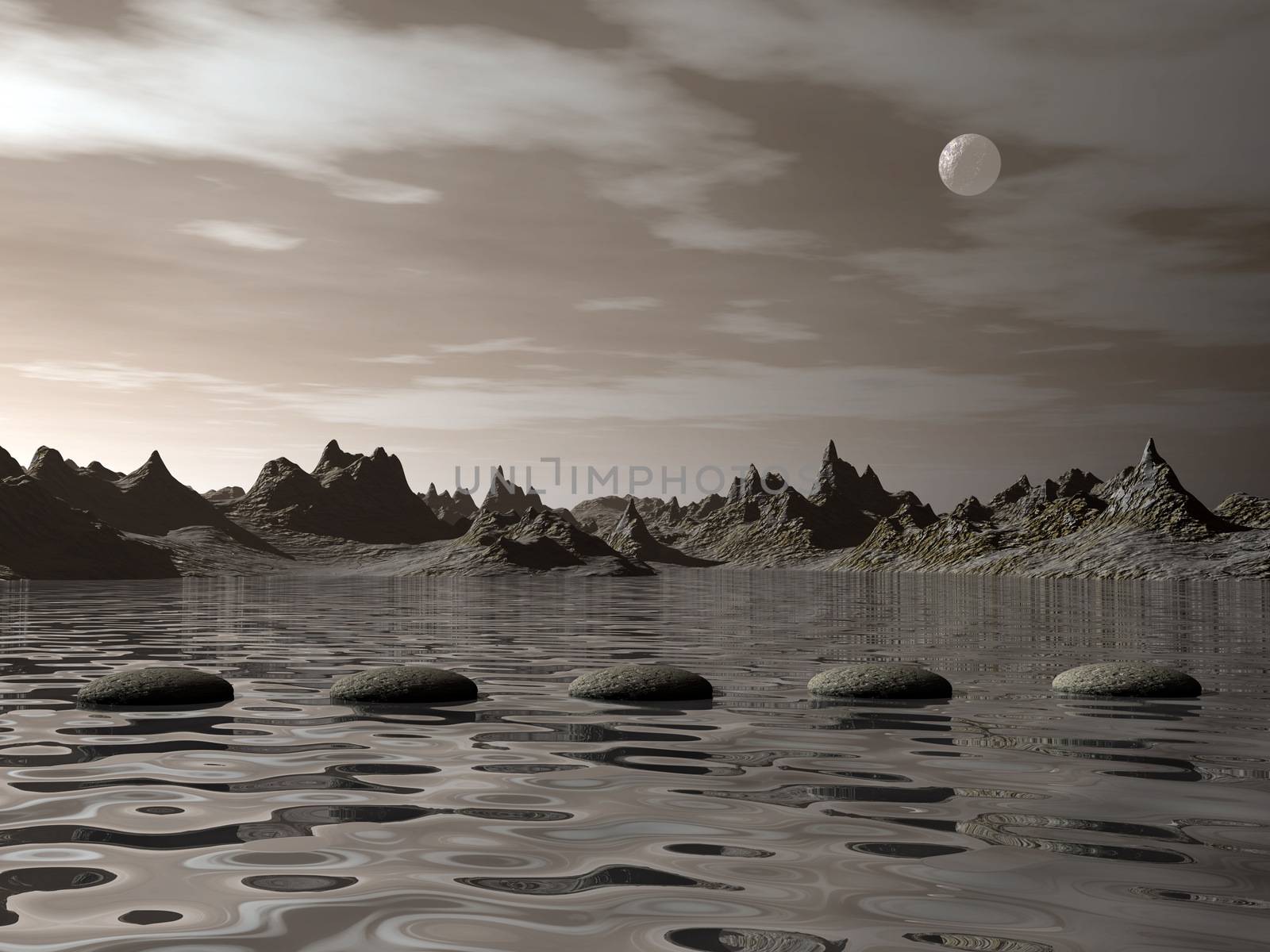 Steps upon water near mountains by night with full moon - 3D render