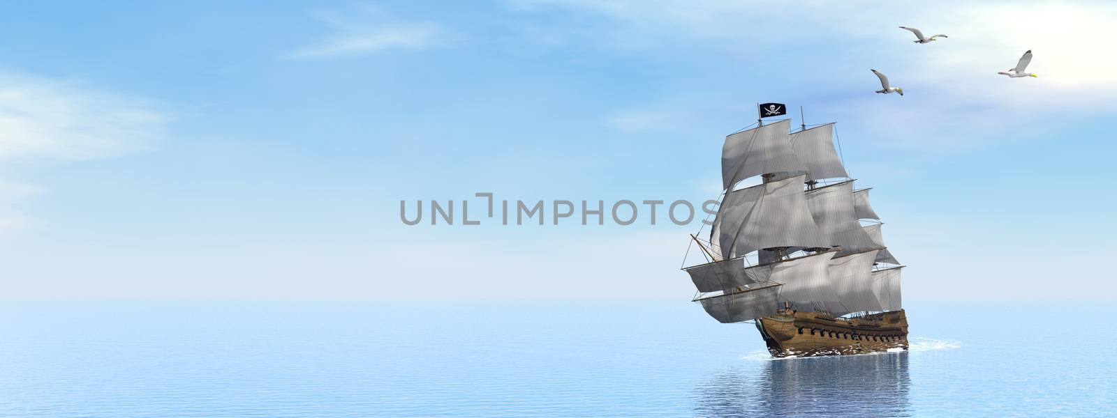 Beautiful detailed Pirate Ship, floating on the ocean surrounded with seagulls by day - 3D render