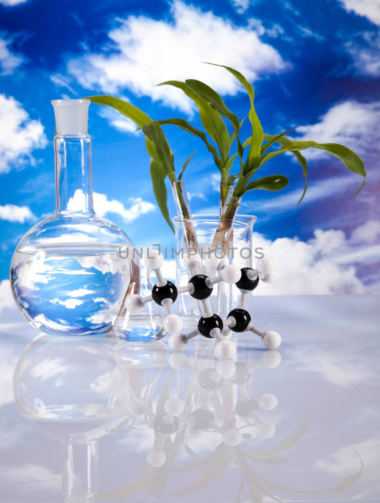 Laboratory glassware, bio organic modern concept