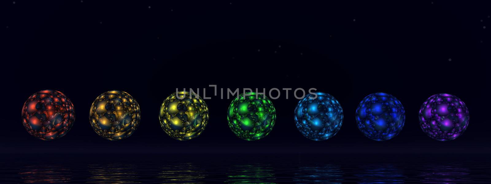 Colorful chakra spheres by night- 3D render