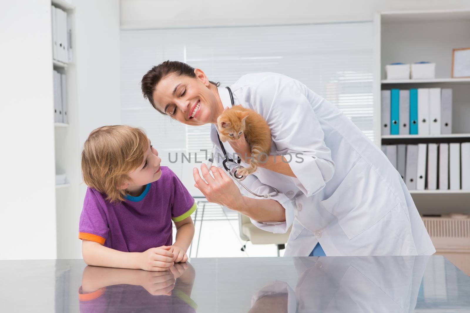 Veterinarian doing injection at a cat with its owner in medical office 
