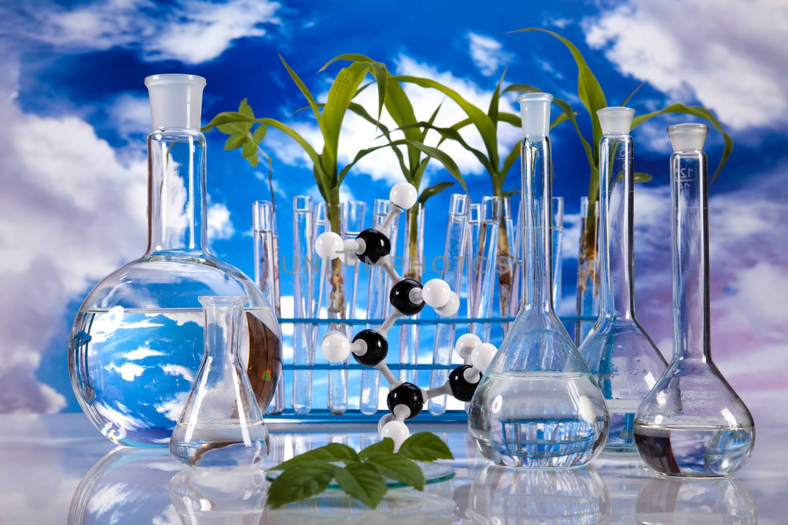 Chemical laboratory glassware, bio organic modern concept