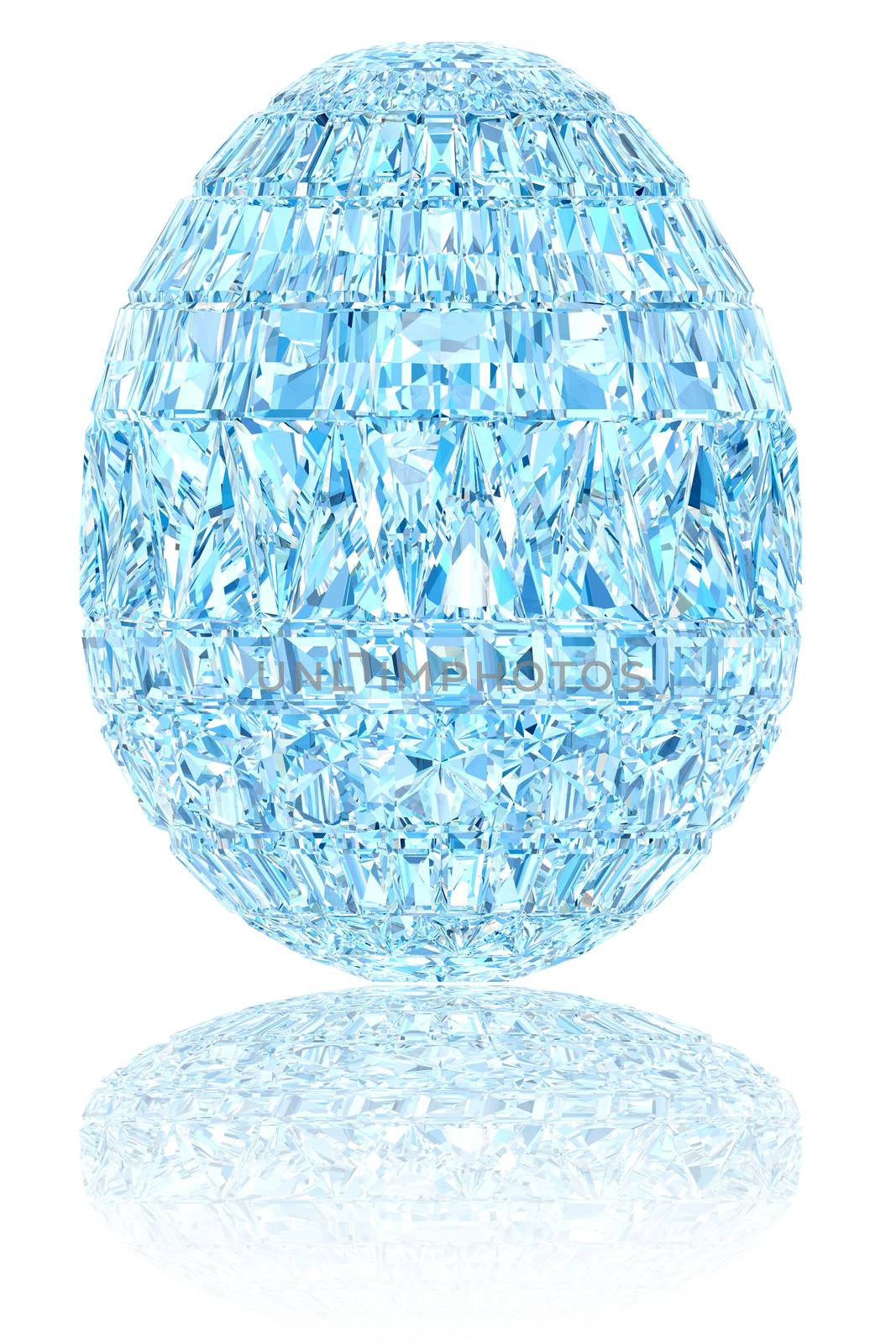 Light blue crystal easter egg on glossy white background. High resolution 3D image