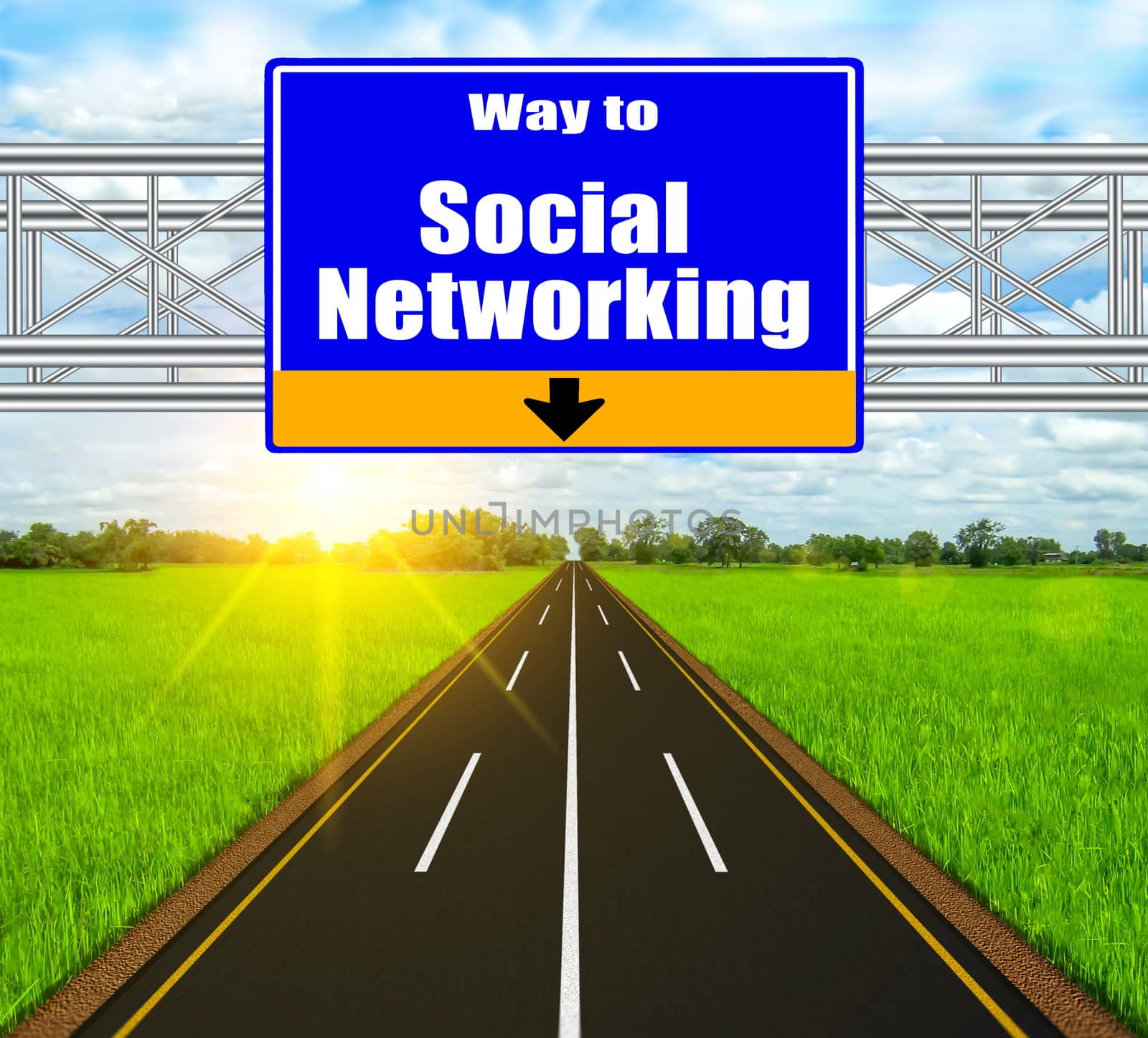 Blue Road Sign concept Social Networking and soft natural landscape background.