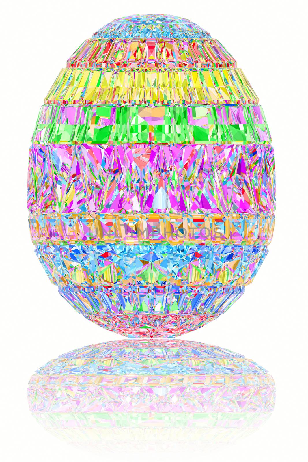 Easter egg composed of colorful gemstones on glossy white background. High resolution 3D image