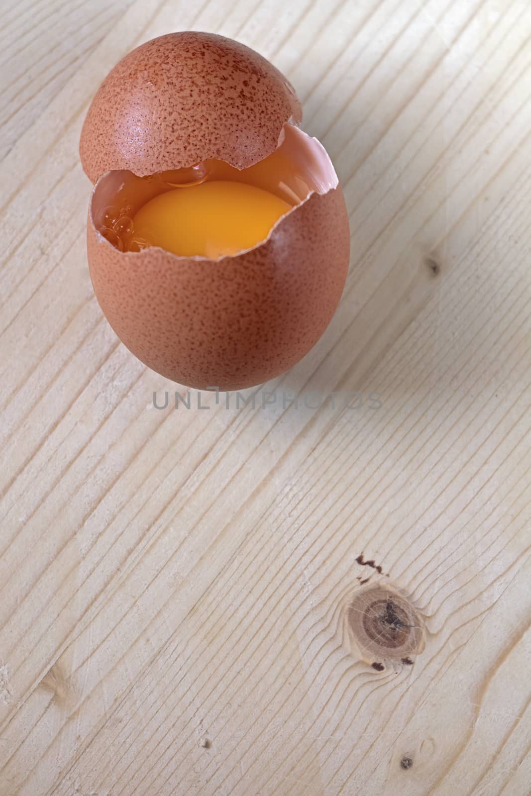 open egg resting on a wooden base