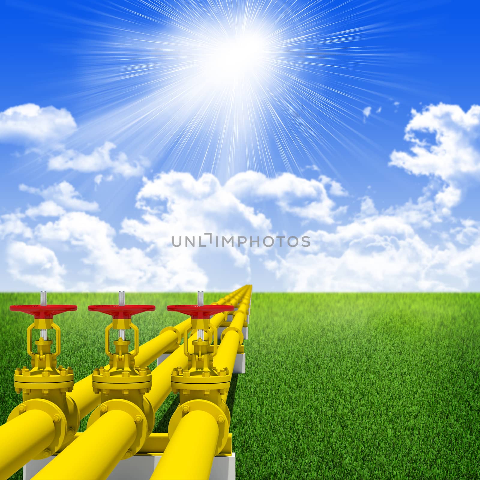 Three industrial pipes for gas transmission. Against background of blue sky , clouds and green grass