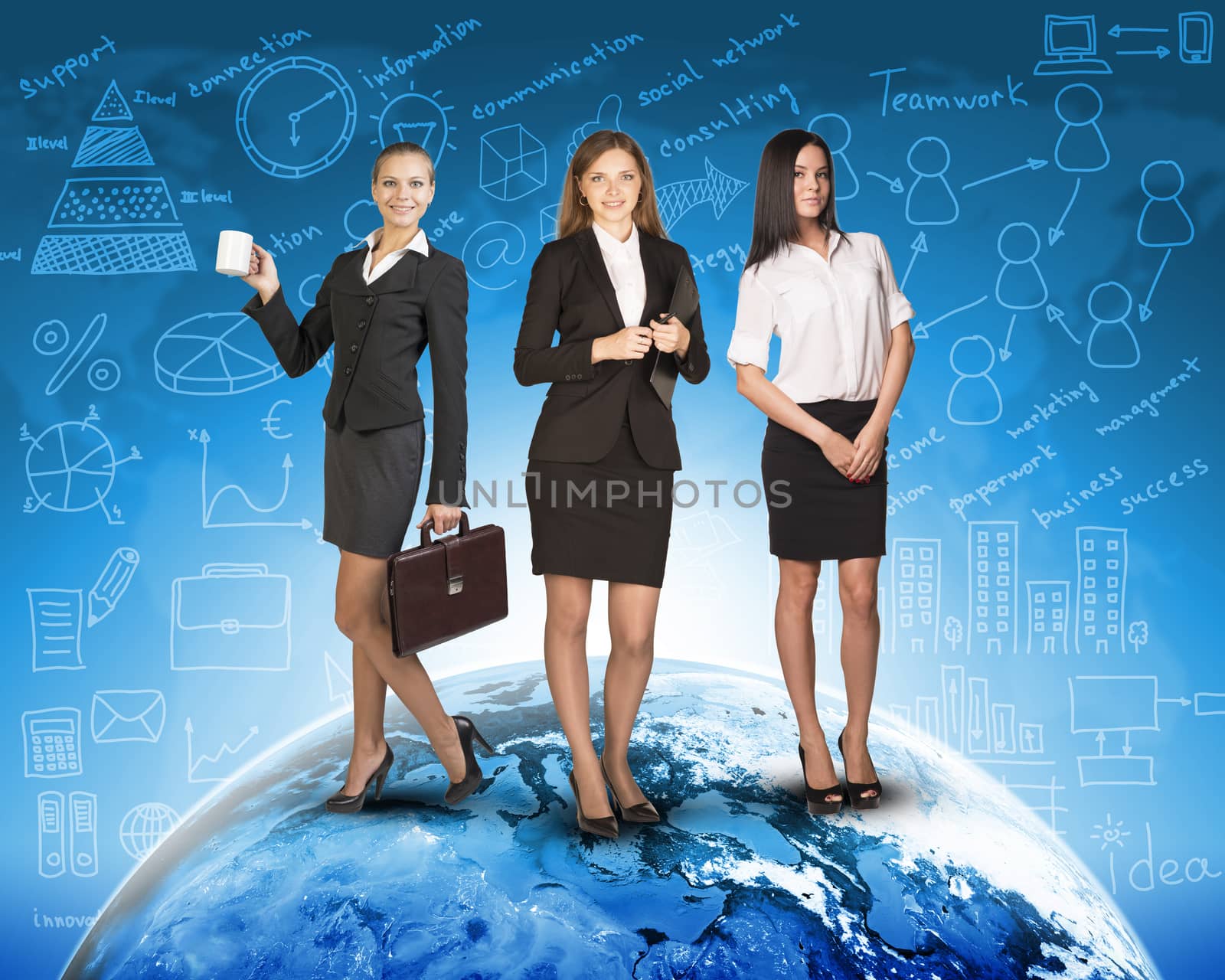 Business womens in suits, blouses, skirts, smiling and looking at camera. Against backdrop of globe and different icons. Elements of this image furnished by NASA