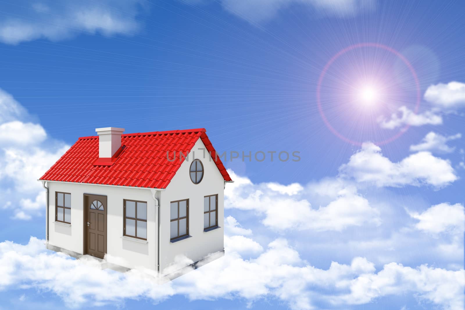 White house with red gable roof, brown door and chimney floating in clouds. Background sun shines brightly. Blue sky
