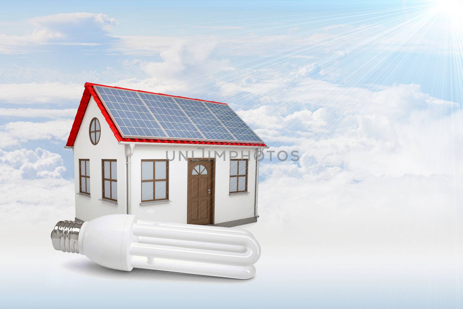 White house with red roof, solar panels in clouds. Background sun shines brightly by cherezoff