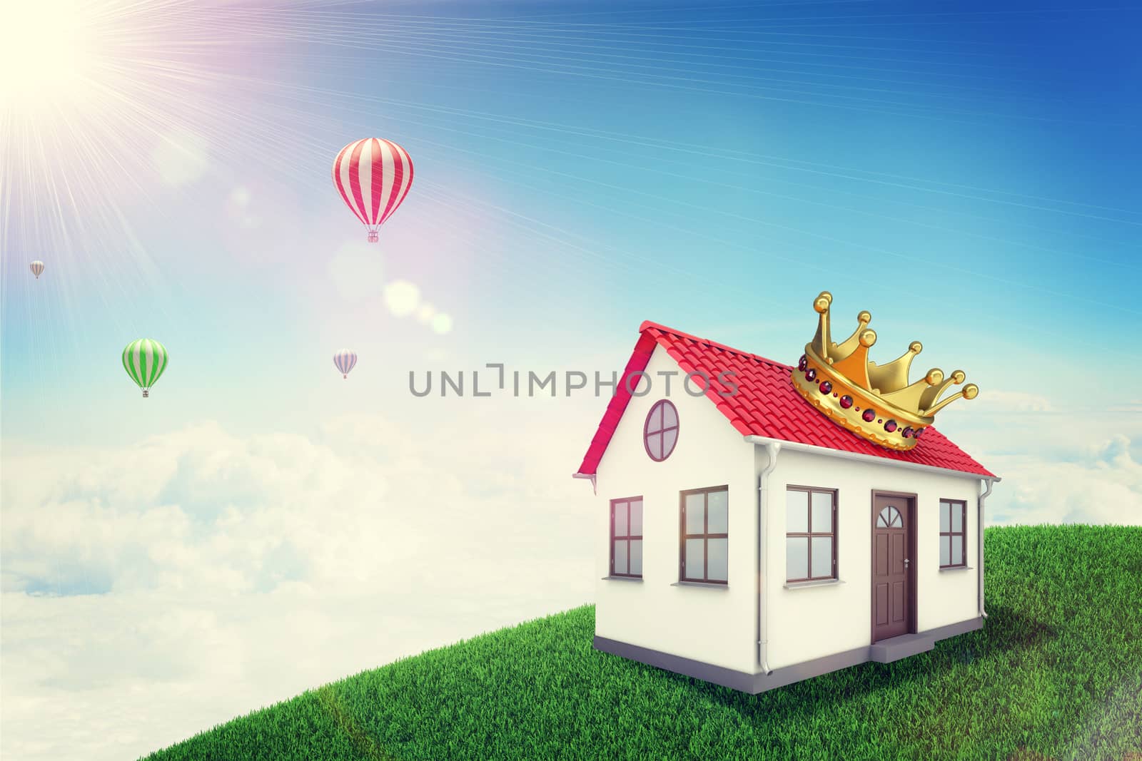 White house with red roof, brown door and crown on green grassy hill. Background sun shines brightly and flying hot air balloon. Blue sky