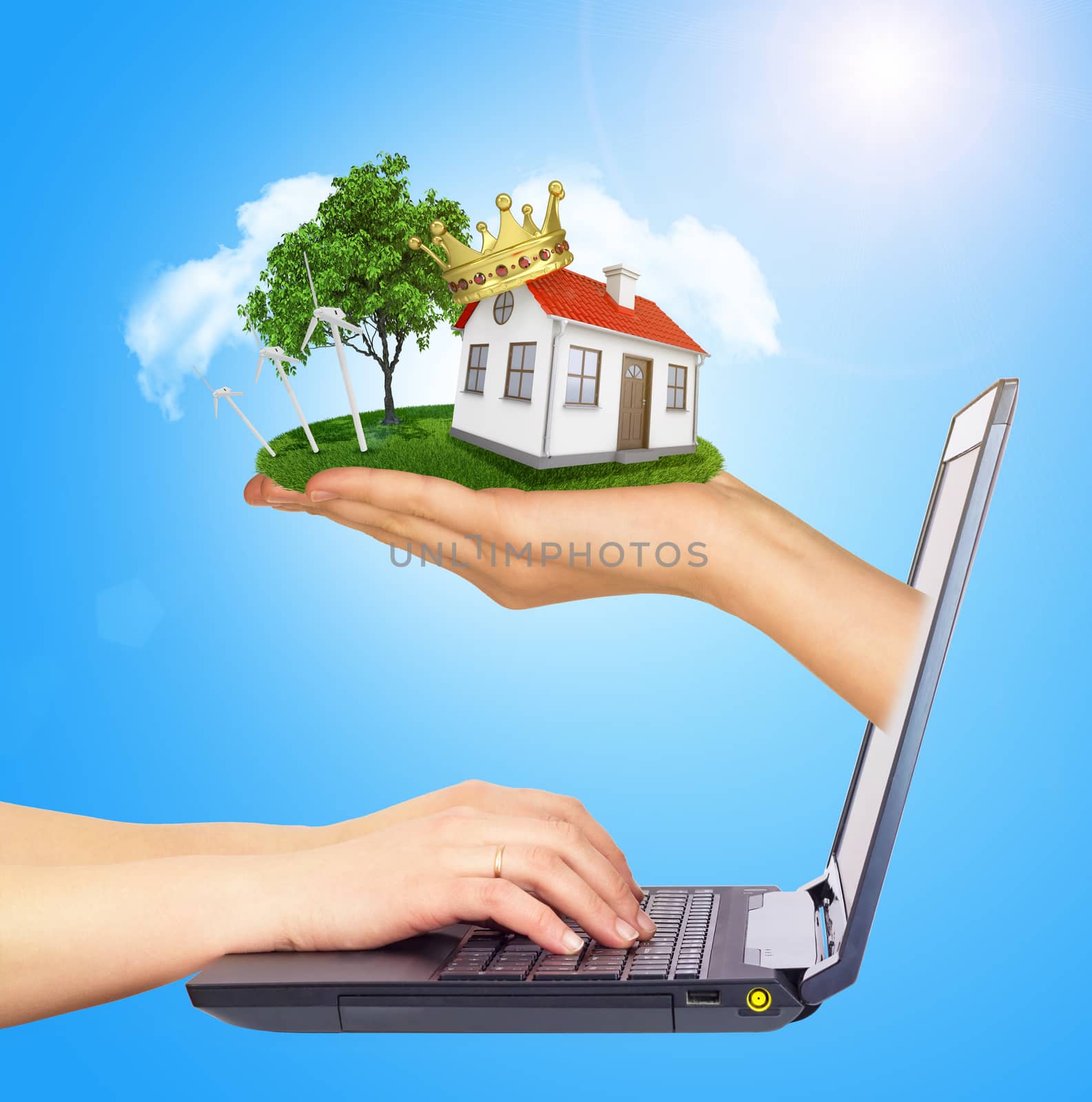White house for sale with red roof in hand , crown and chimney of screen laptop. Hands typing on keyboard. Background sun shines brightly on right. Blue sky