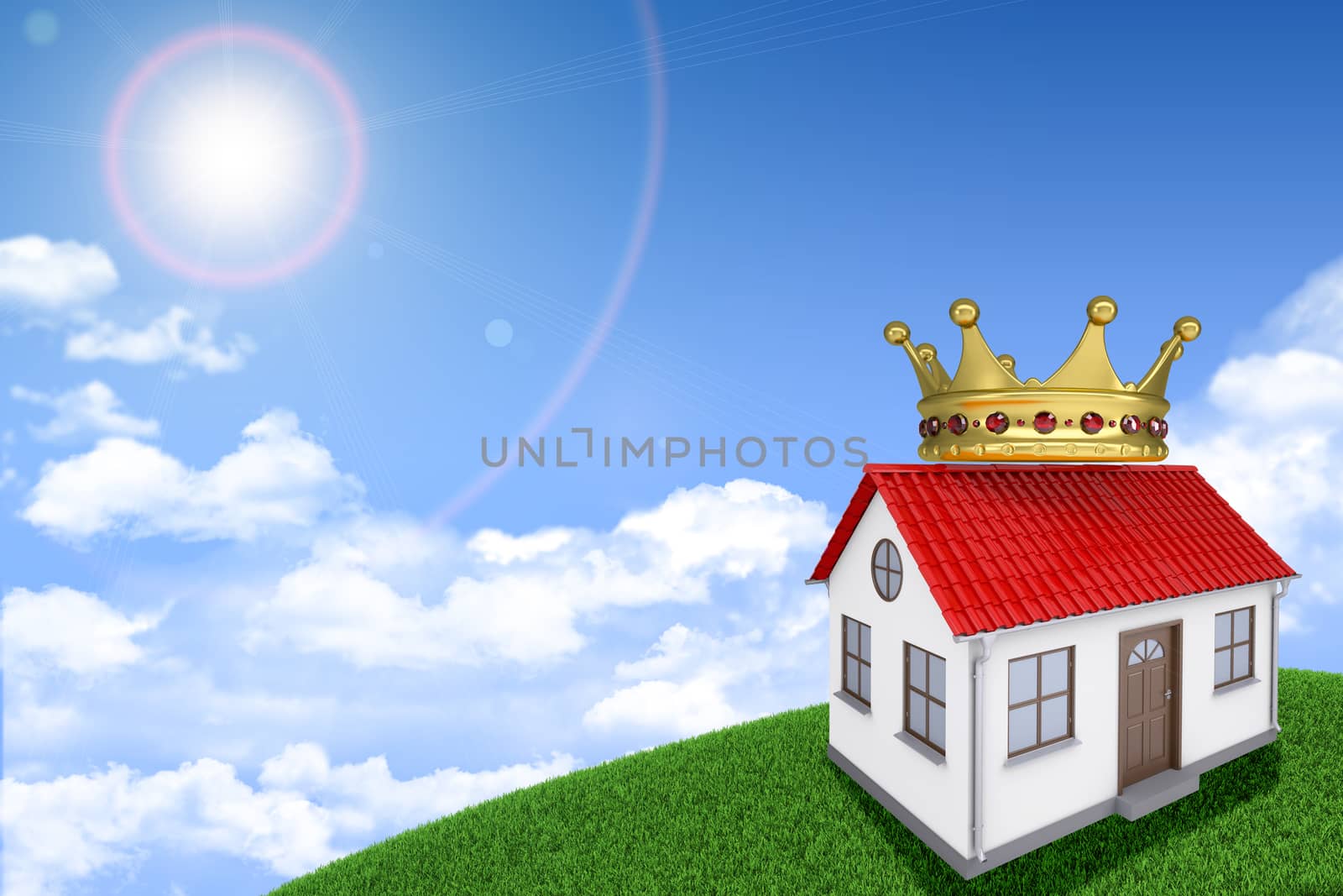 White house on green grassy hill with red roof, crown. Background sun shines brightly. Blue sky