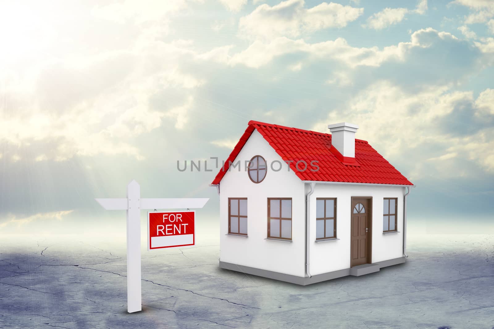 White house with red roof and chimney. Near there is signboard for rent. Background sun shines brightly by cherezoff