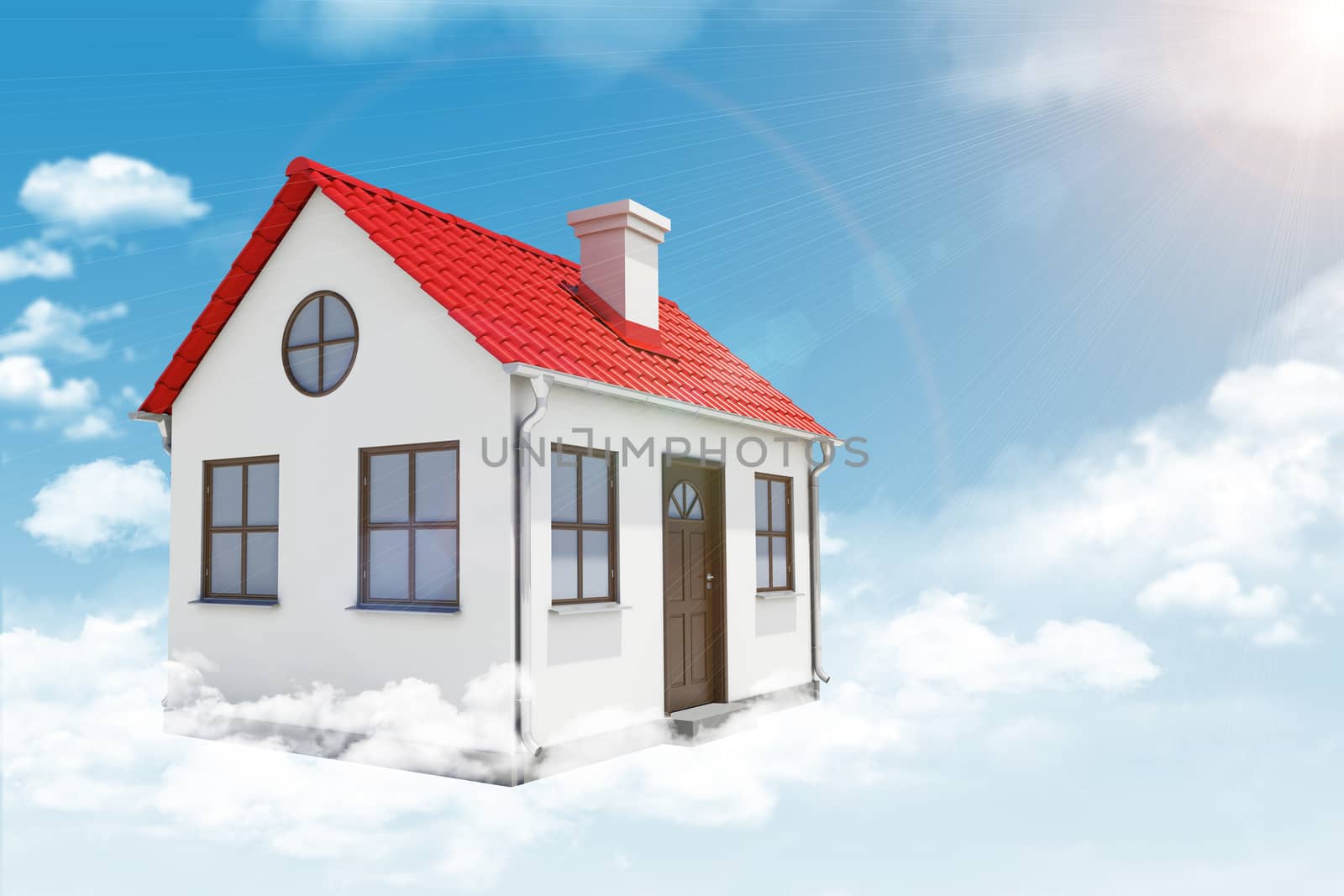 White house with red roof, brown door and chimney in cloud. Background sun shines brightly. Blue sky