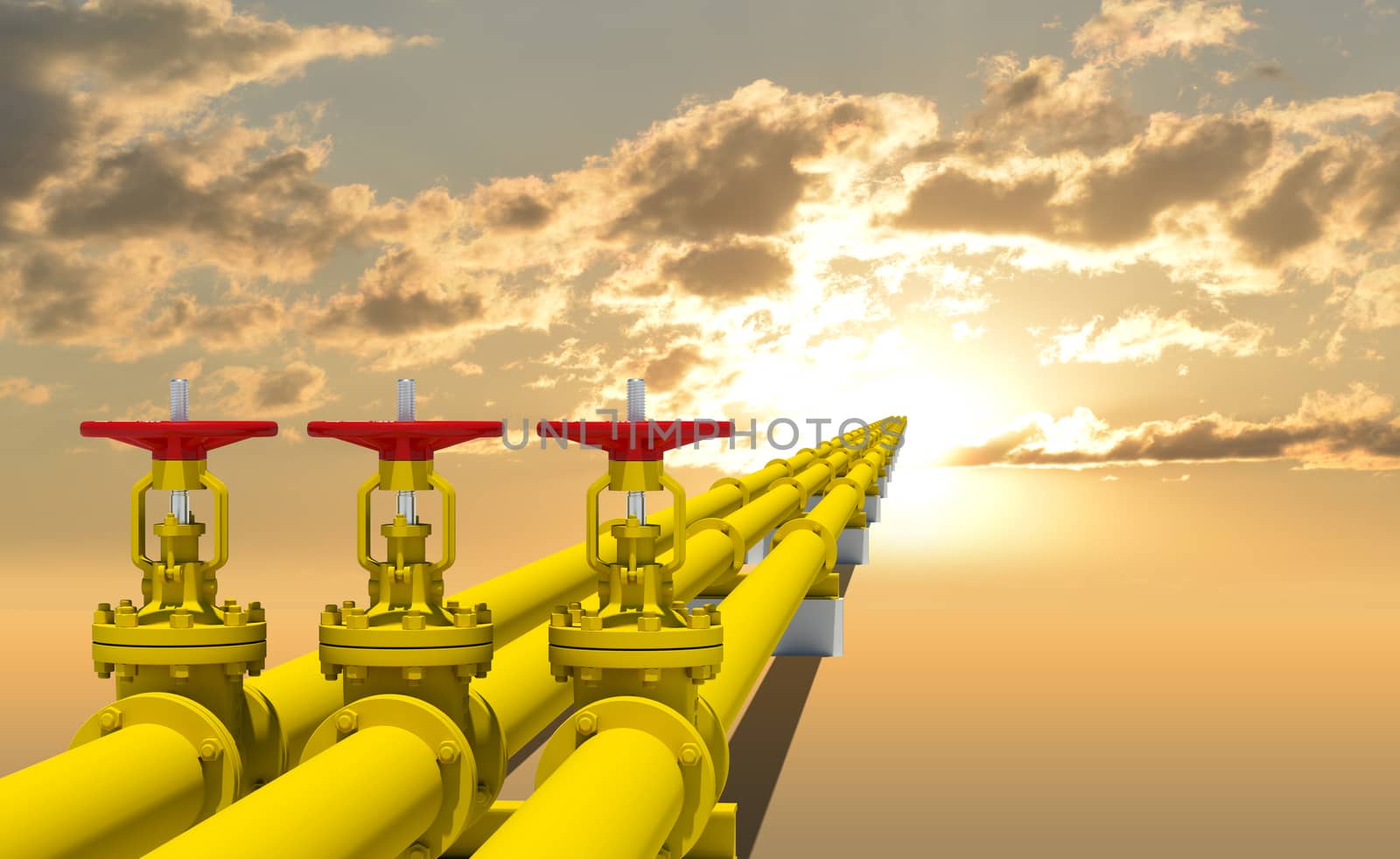 Three industrial pipes for gas transmission. Against background of sunset