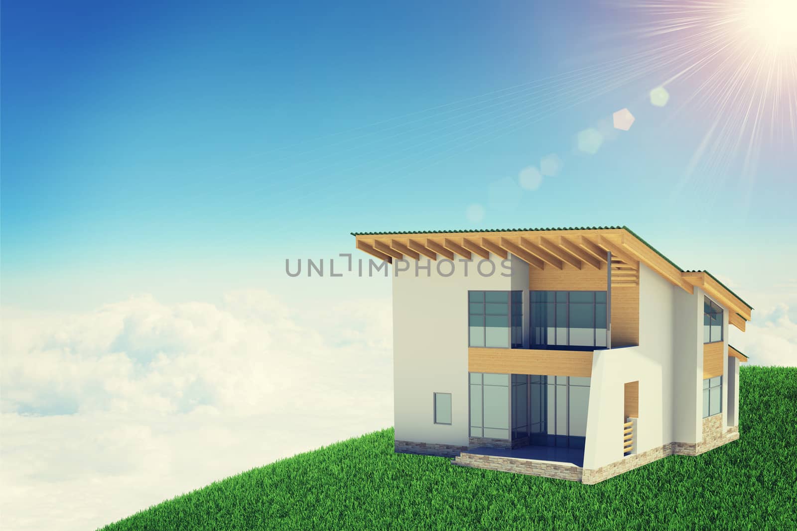 Hands holding cottage in clouds with windows. Background sun shines brightly by cherezoff