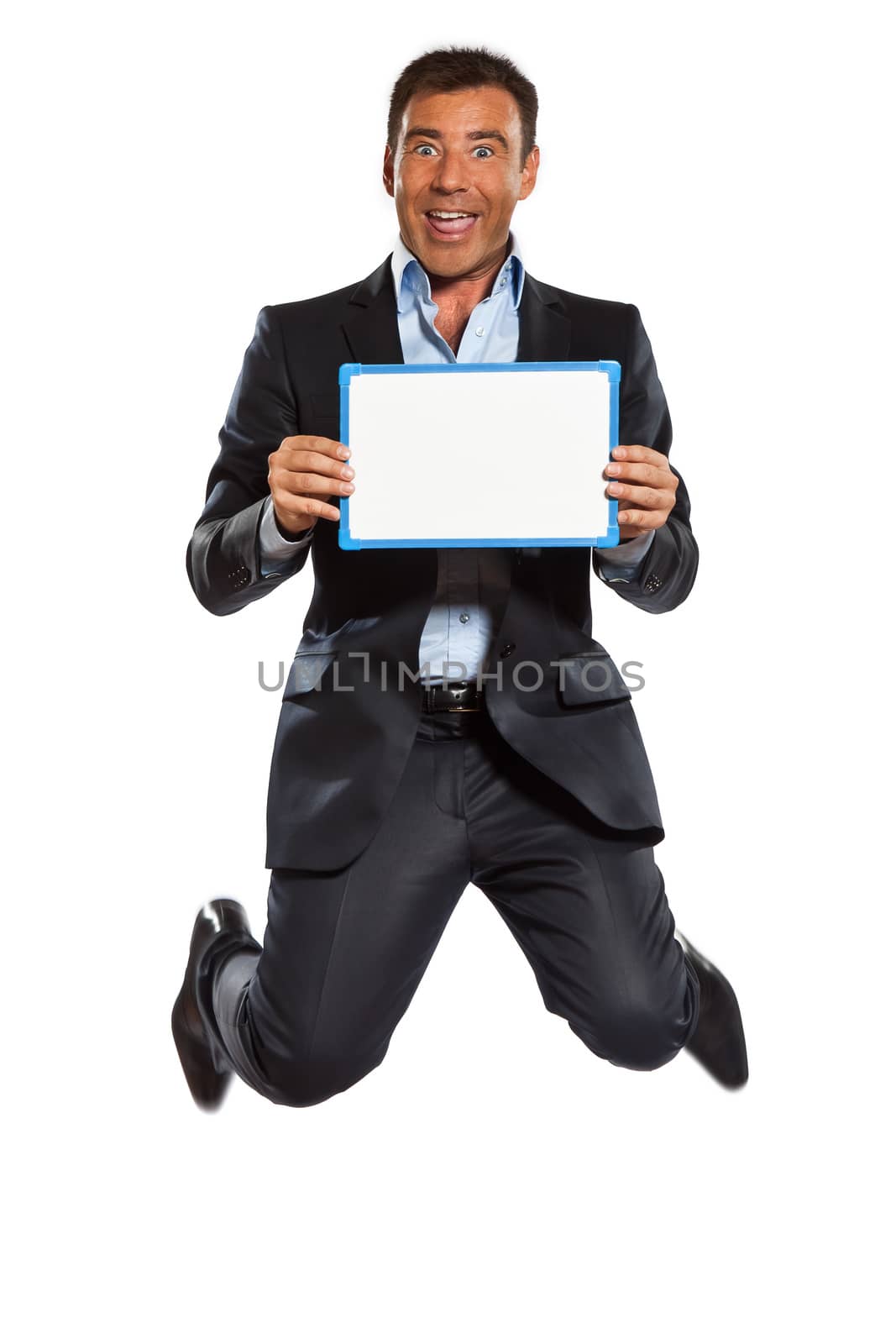 one business man jumping showing whiteboard by PIXSTILL