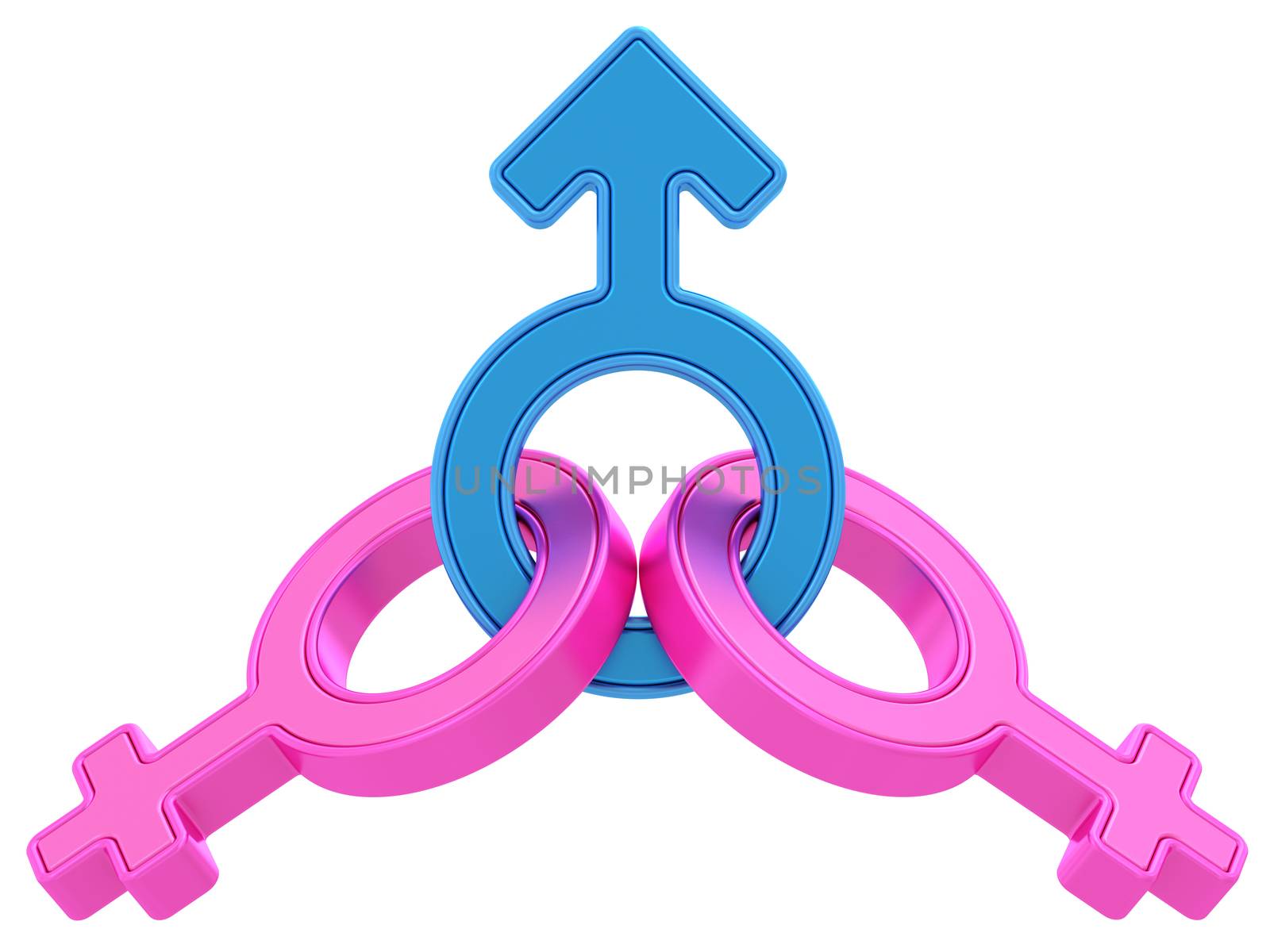 Male and two female gender symbols chained together on white background. High resolution 3D image