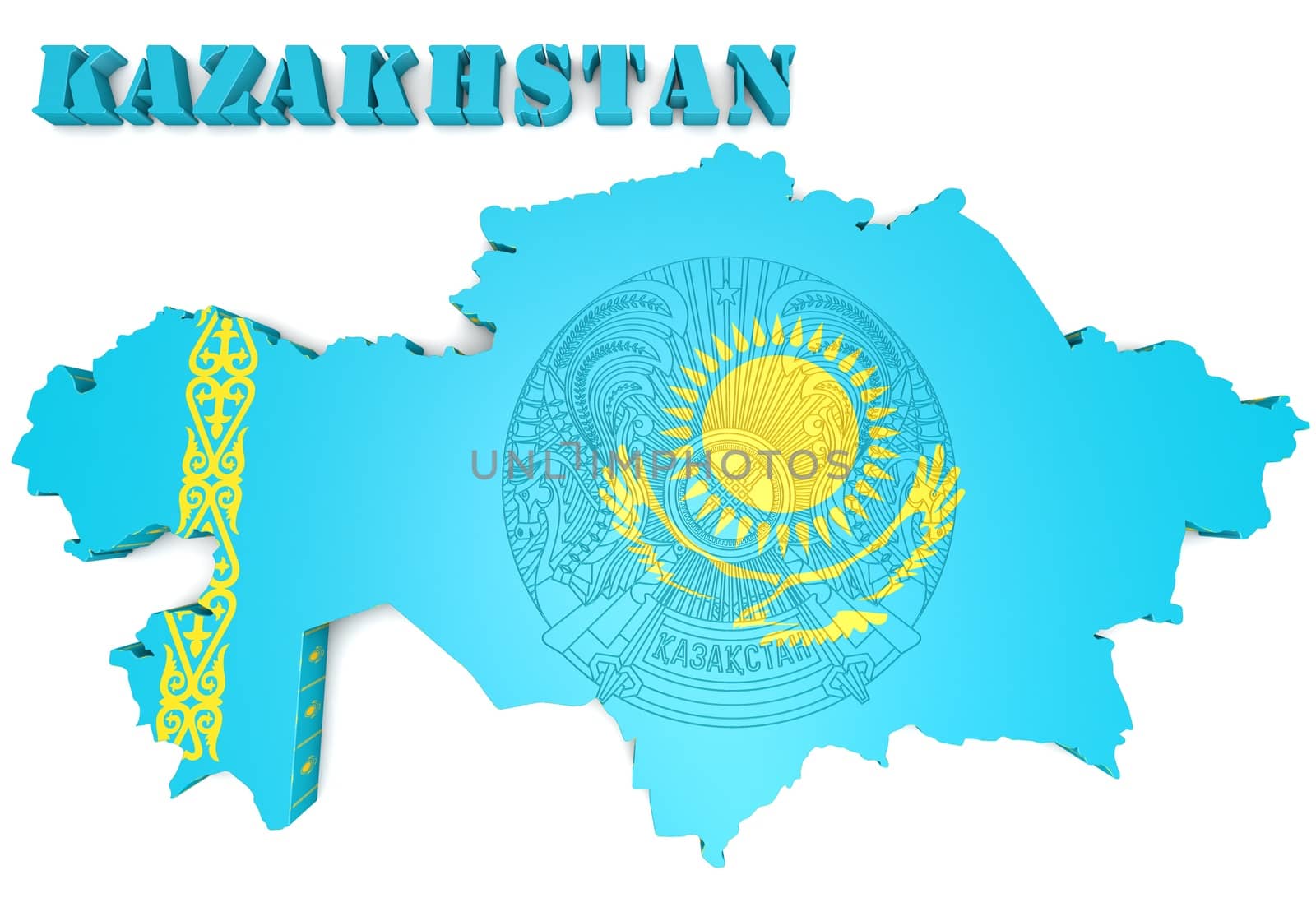 3d map illustration of Kazakhstan with flag and coat of arms
