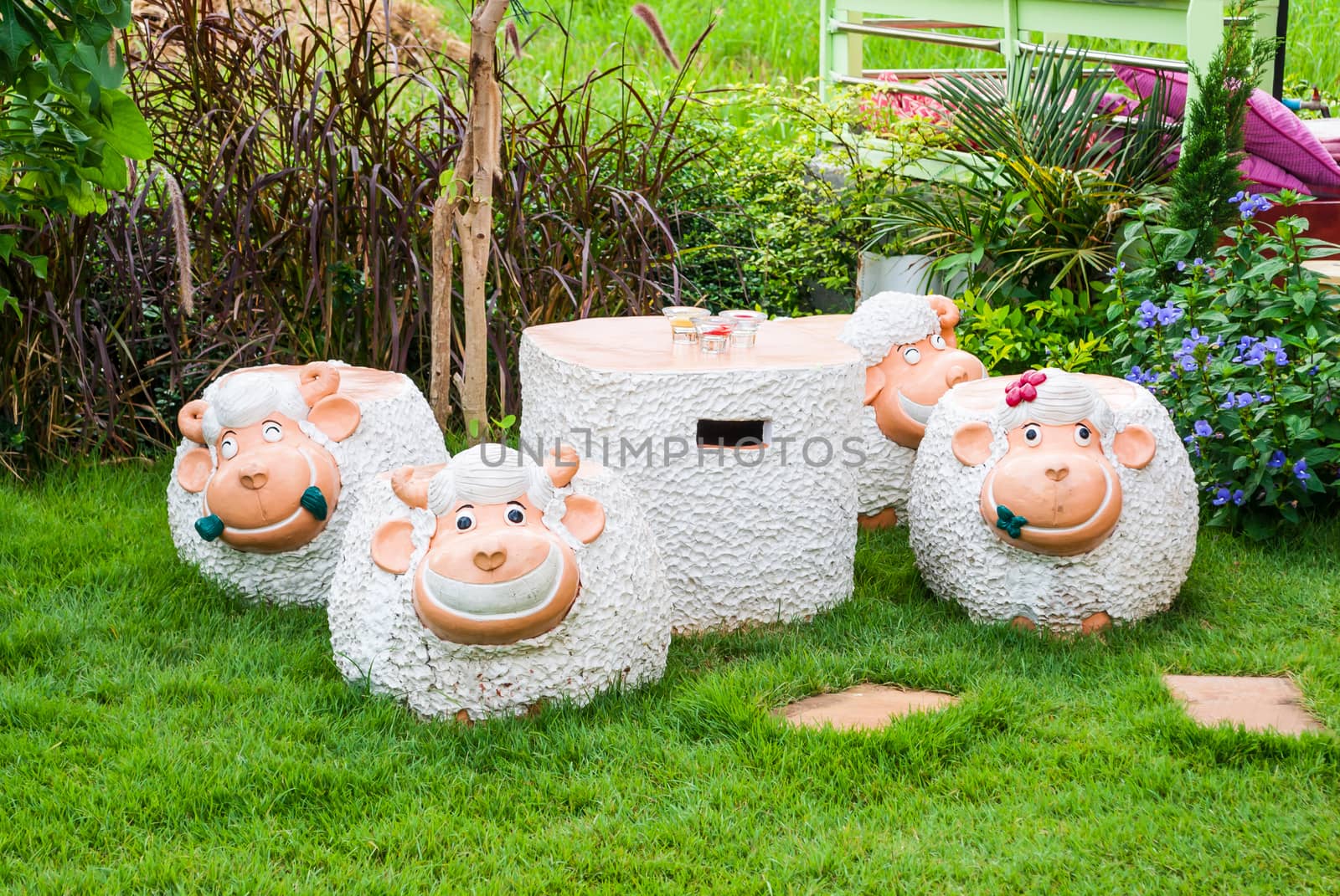Sheep Shaped Concrete Table and Chairs.