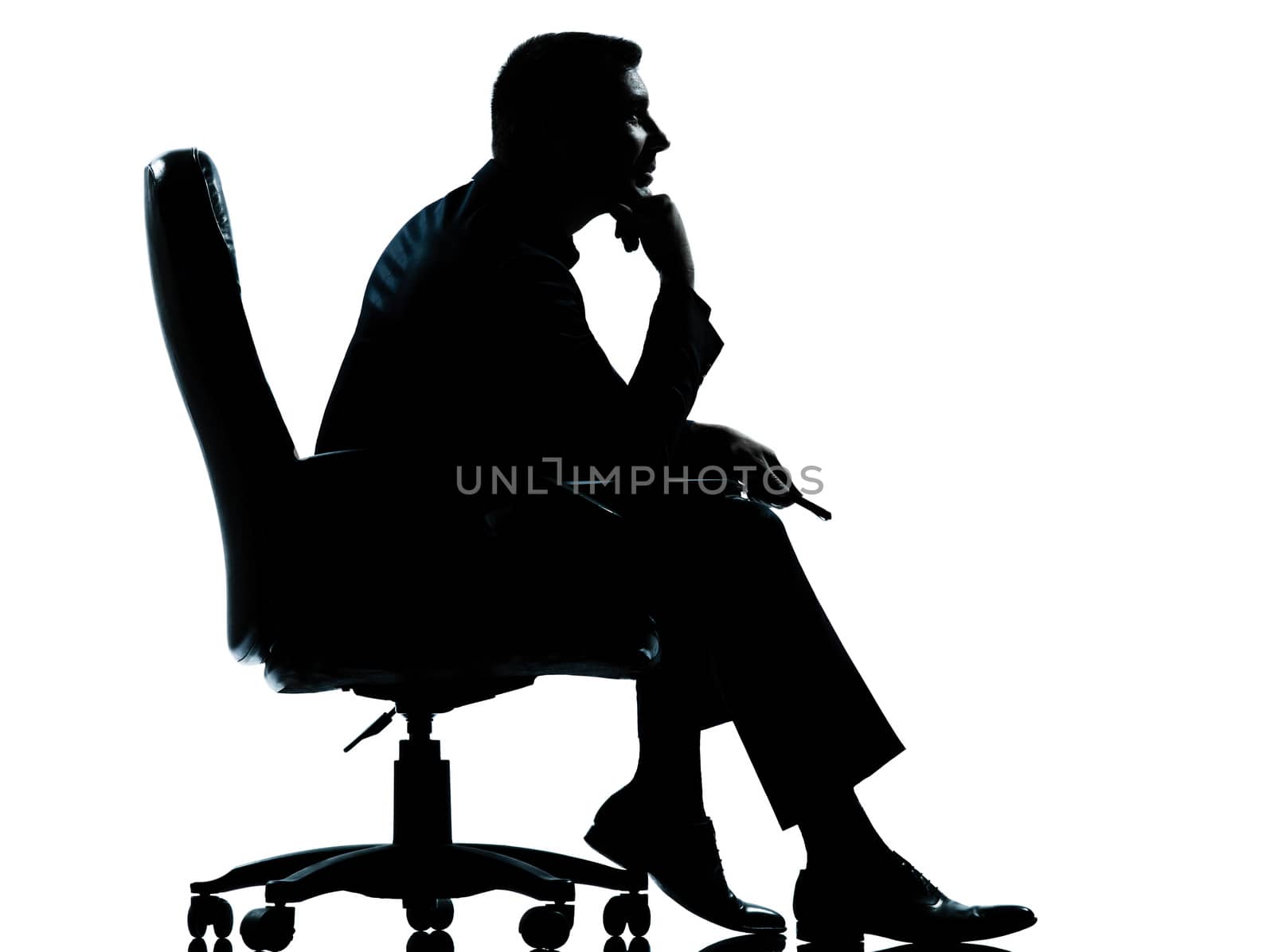 one business man sitting in armchair silhouette Full length in studio isolated on white background