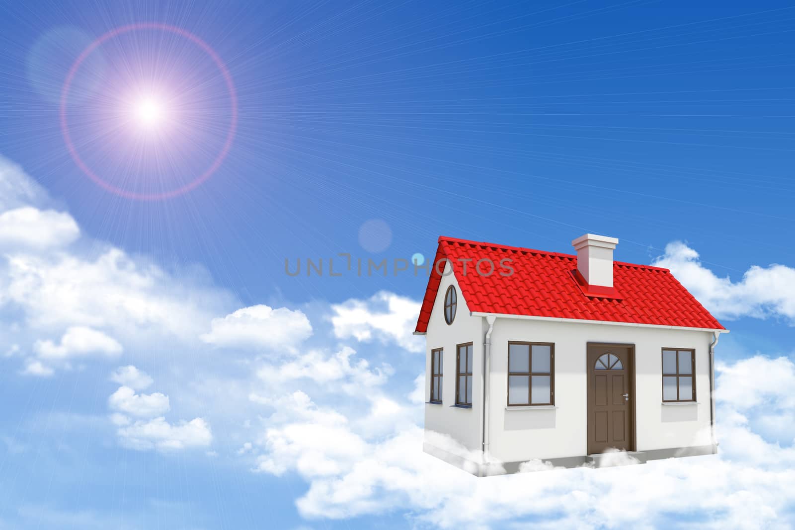 White house with red gable roof, brown door and chimney in clouds. Background sun shines brightly. Blue sky