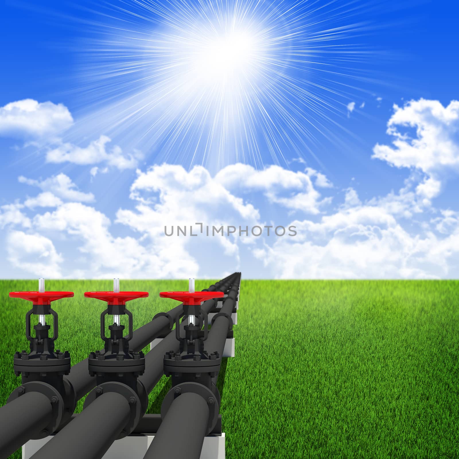 Three industrial pipes for oil transfer. Against background of blue sky , clouds, green grass by cherezoff