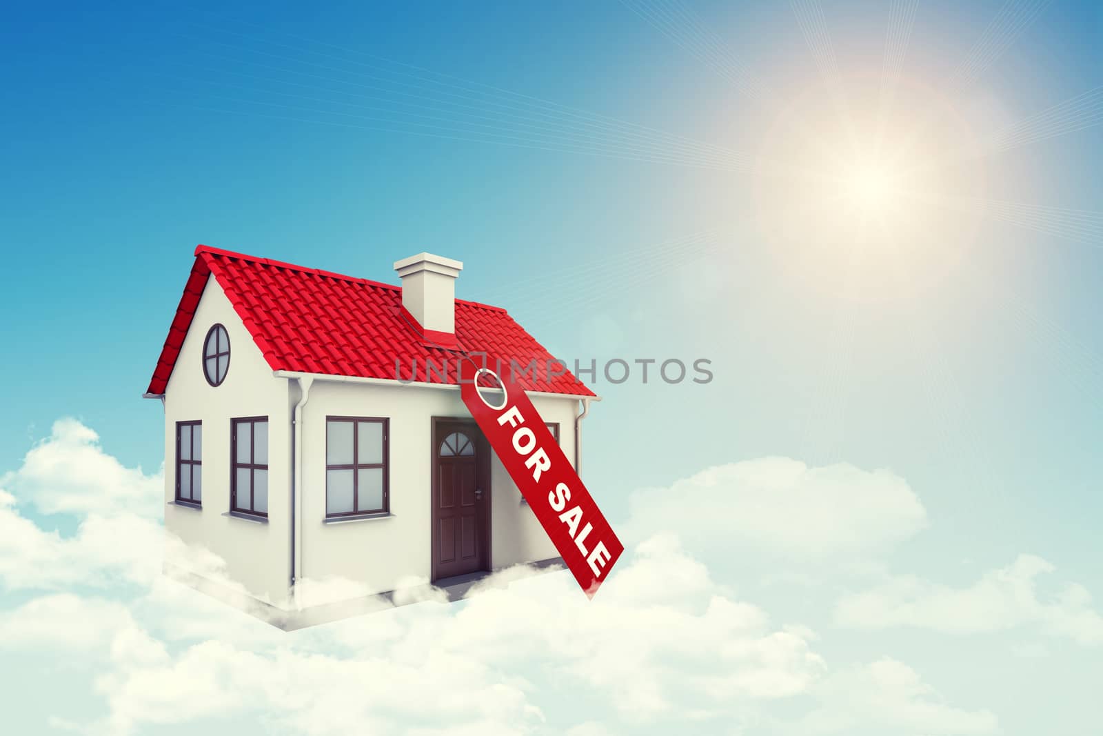 White house with label for sale, red roof, brown door and chimney in cloud. Background sun shines brightly. Blue sky