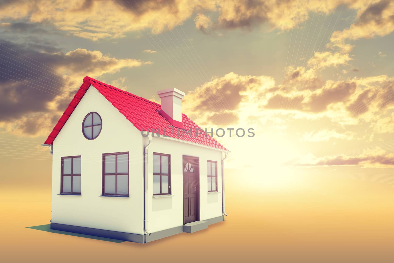 White house among clouds with red roof, brown door and chimney. Background sunset