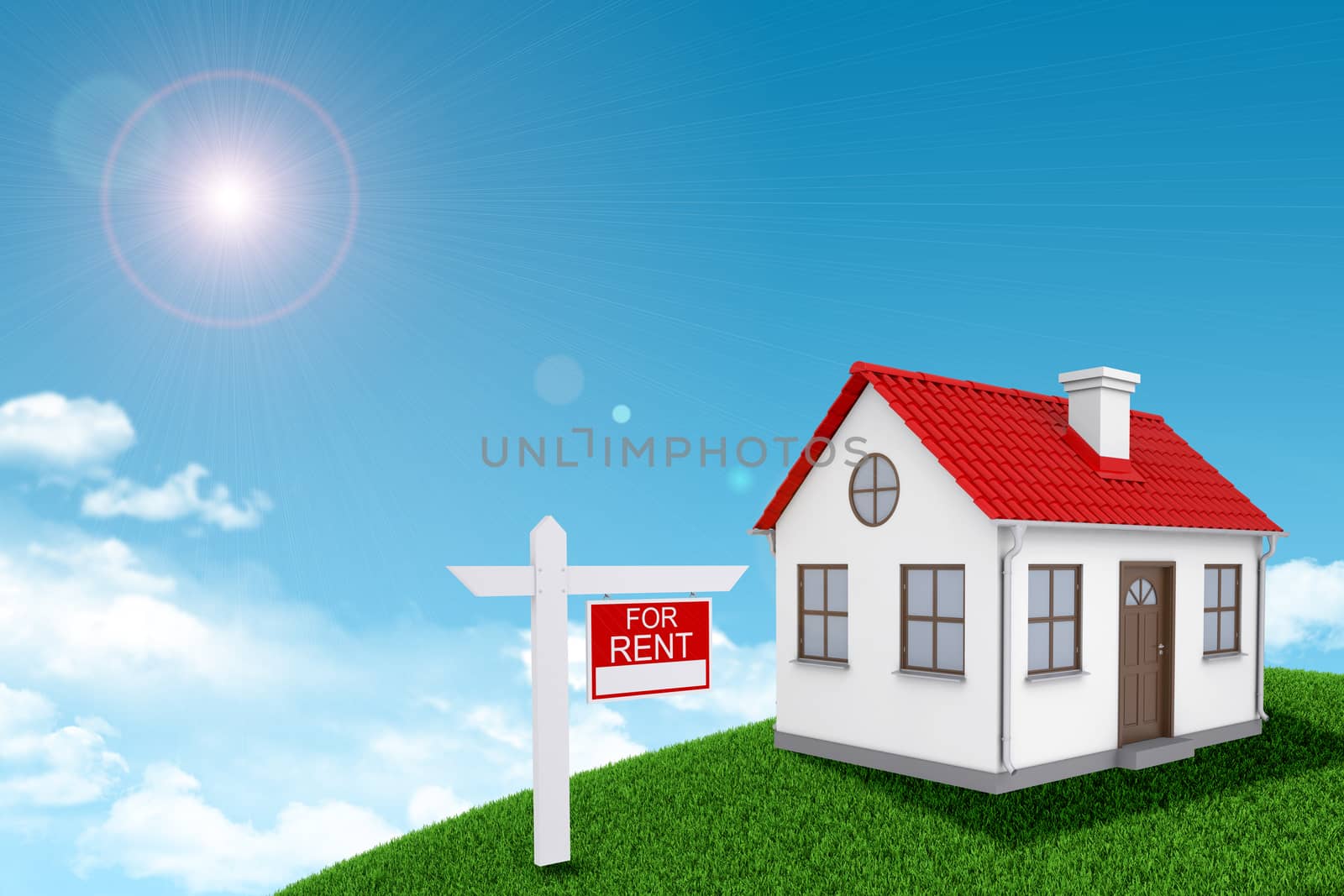 White house for rent with red roof, brown door and chimney on green grassy hill. Background sun shines brightly on large clouds