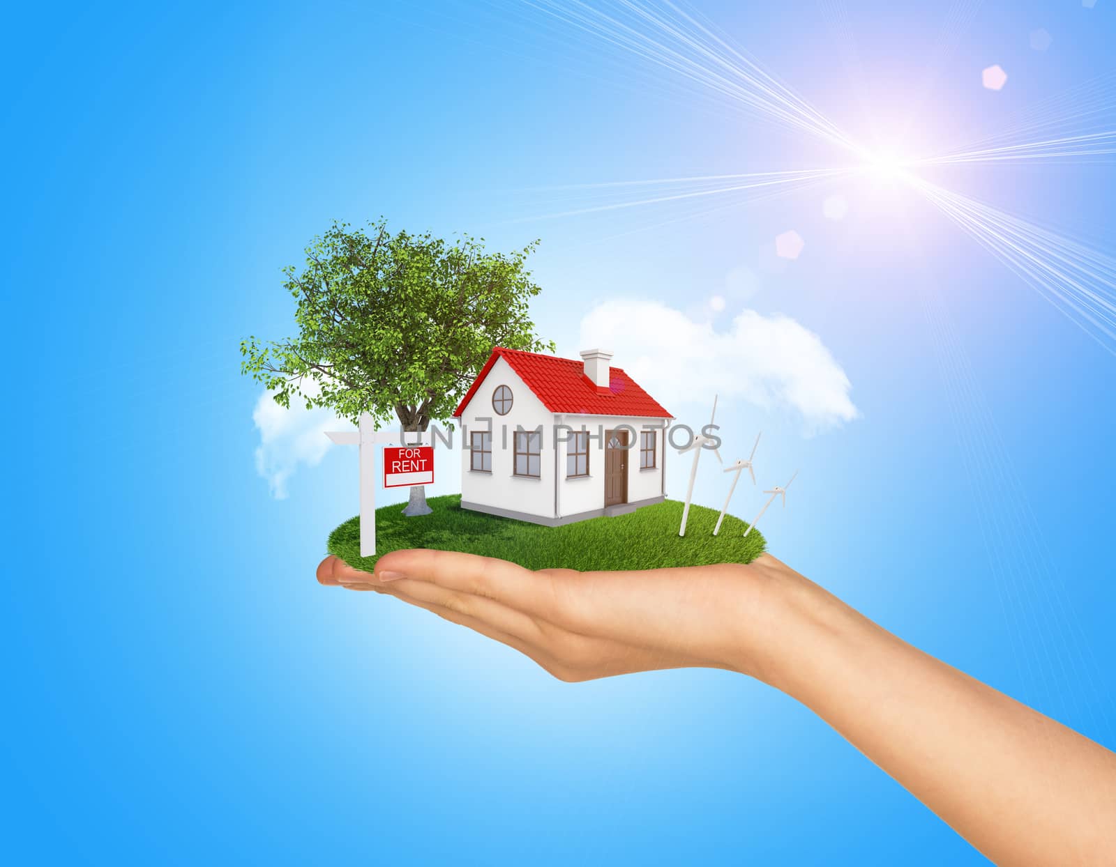 Hand holding house on green grass with red roof, chimney, tree, wind turbine. Near there is signboard for rent. Background clouds and blue sky