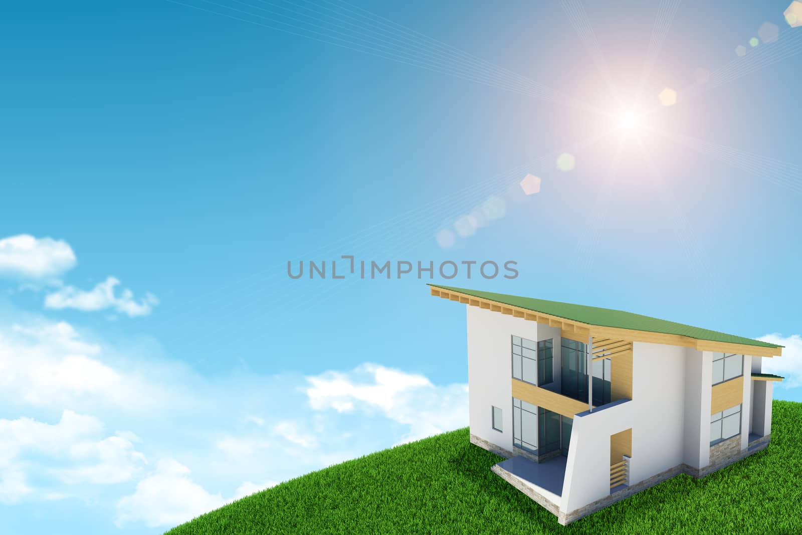 On green hill stands cottage with brickwork. Background of blue sky and clouds shining sun