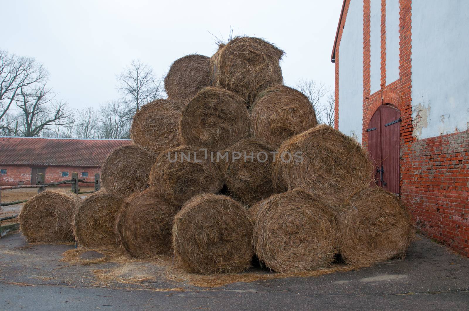 Straw bales on farmland by rook