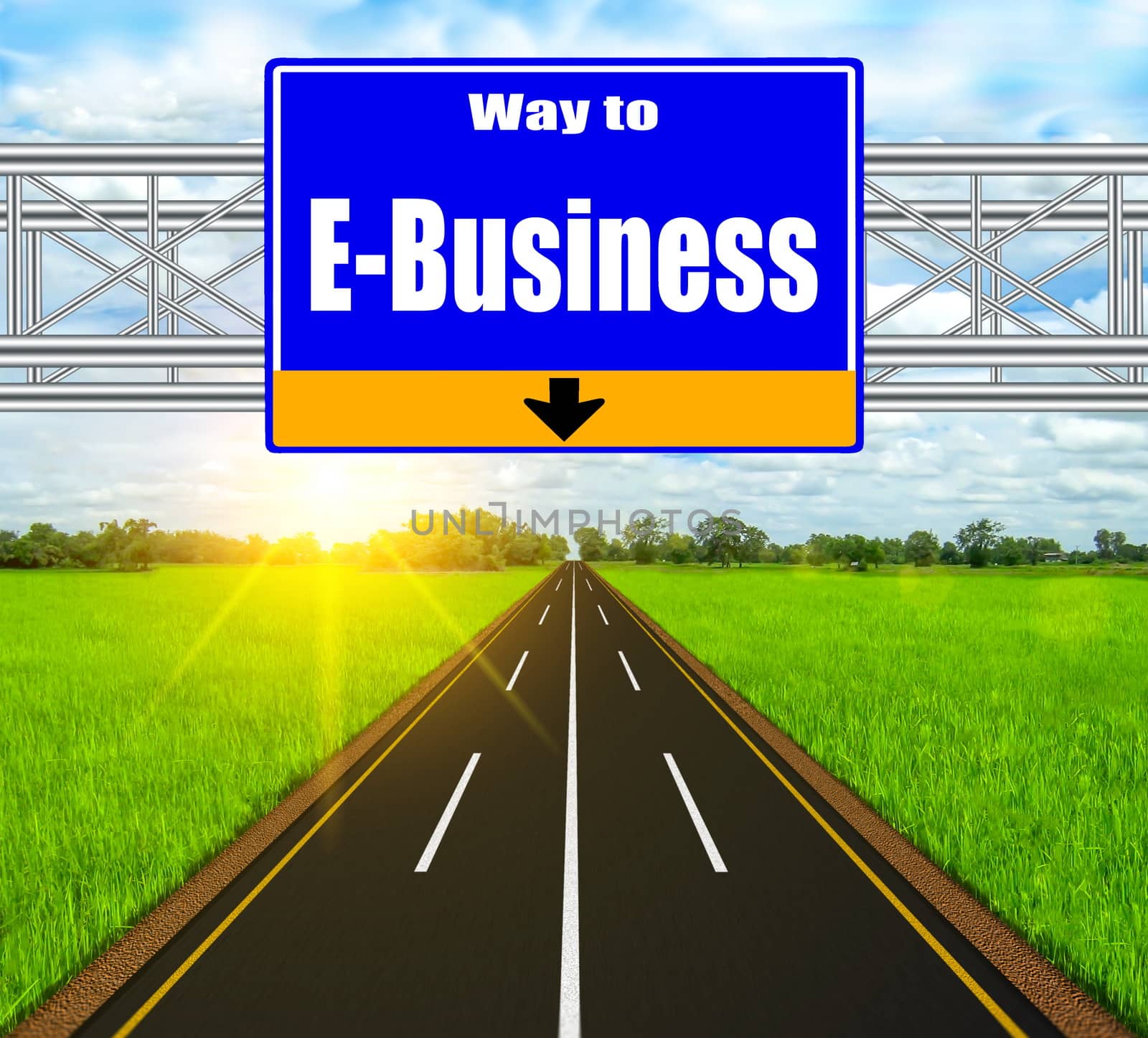 Blue Road Sign concept E-Business and soft natural landscape background.