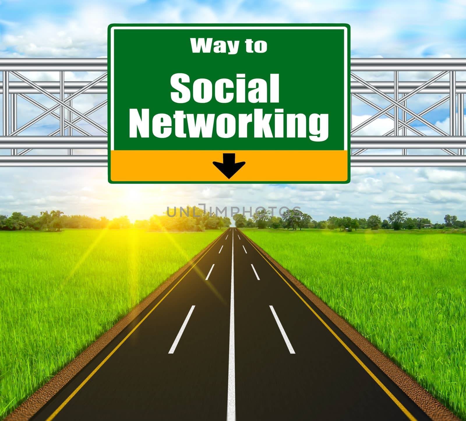 Green Road Sign concept Social Networking and soft natural landscape background.