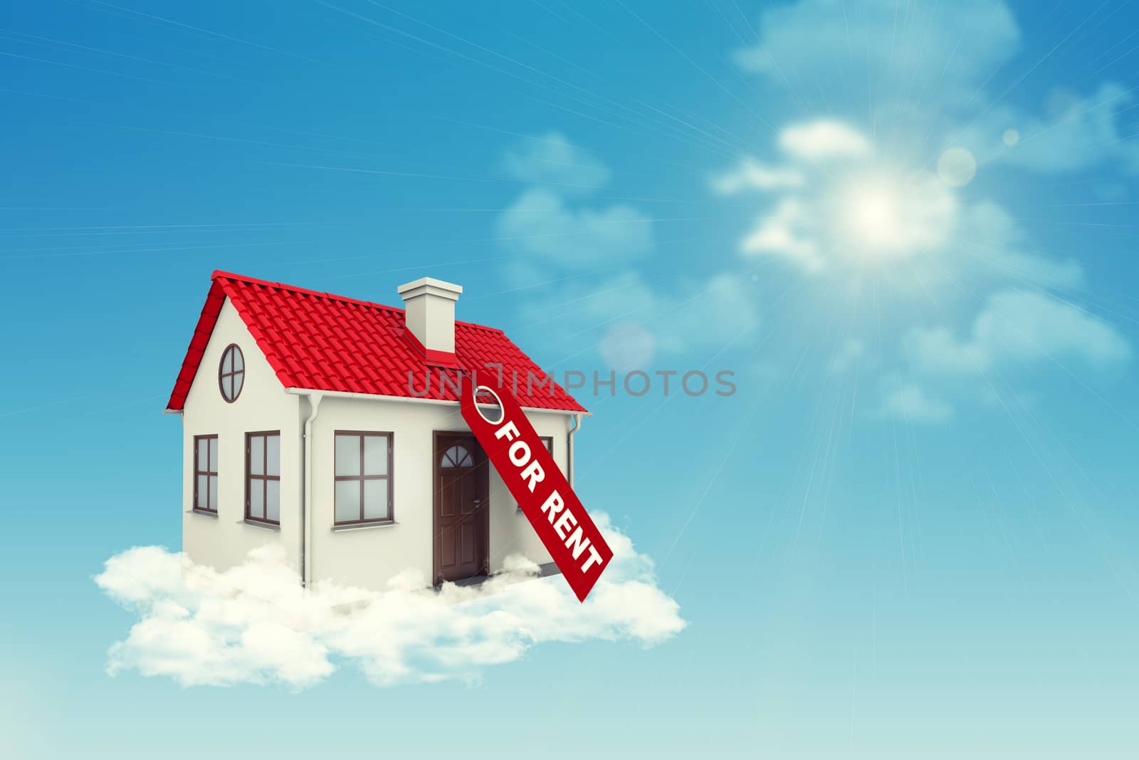 White house with label for rent, red roof and chimney in clouds. Background sun shines brightly by cherezoff