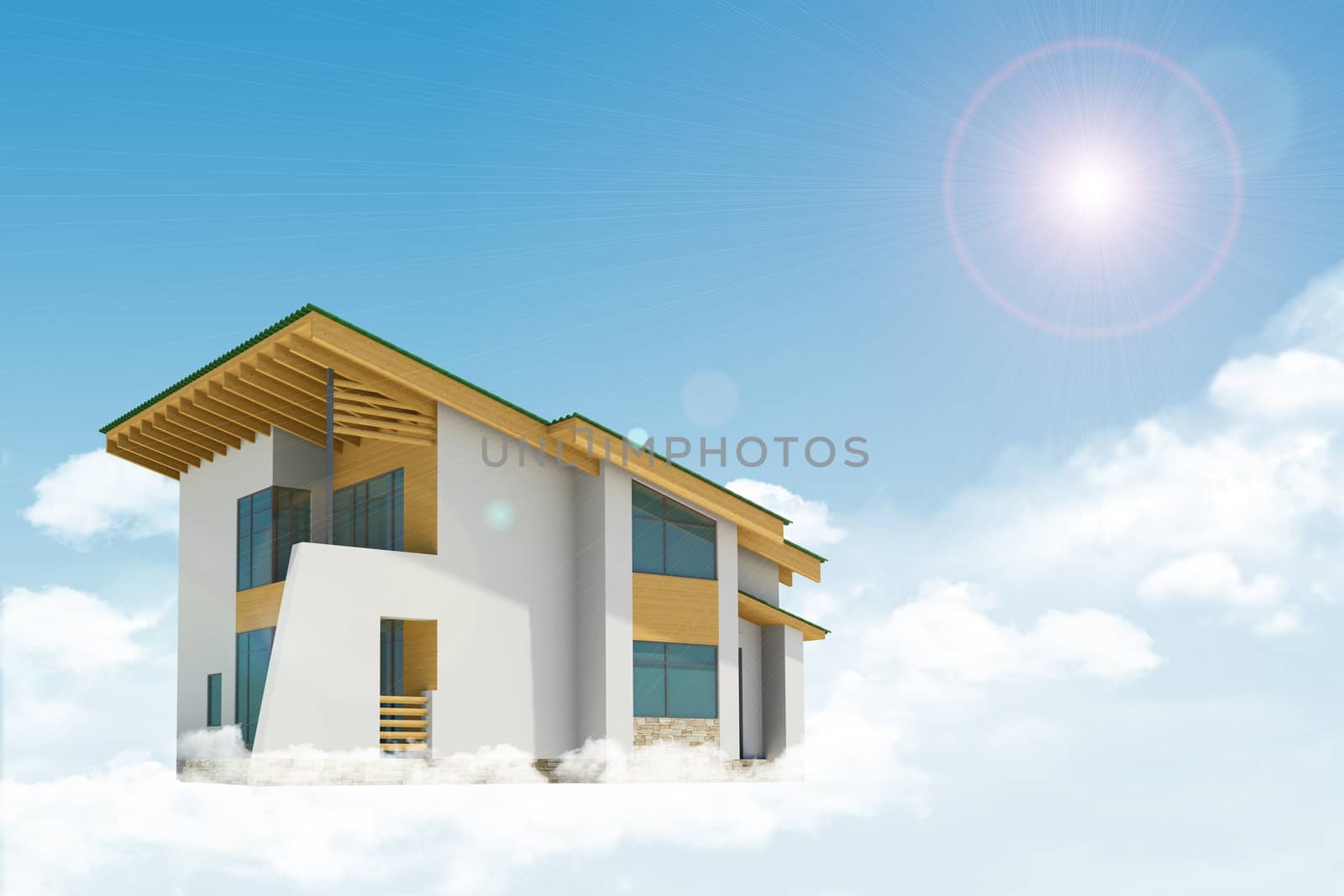 Cottage with windows in clouds. Background sun shines brightly. Blue sky