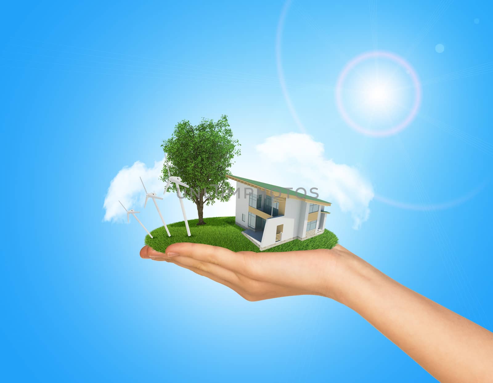 White cottage in hand with green roof. Background sun shines brightly on right by cherezoff