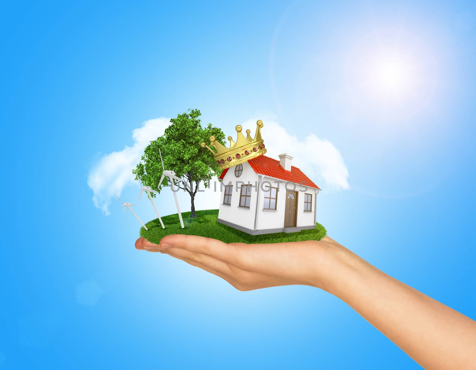 White house in hand for sale with red roof, crown and chimney. Background sun shines brightly on right. Blue sky