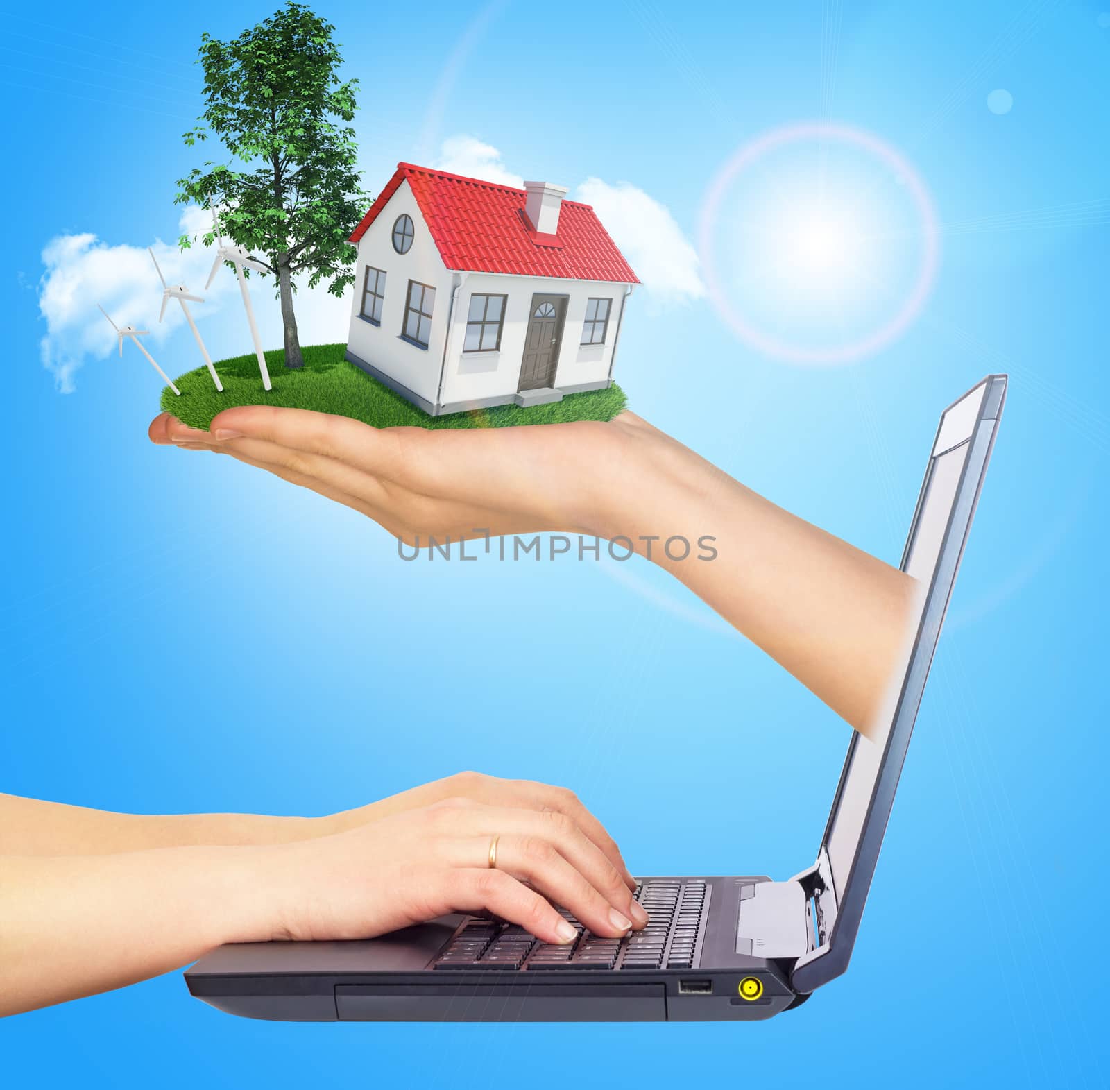 White shack in hand with red roof and chimney of screen laptop. Background sun shines brightly on right by cherezoff