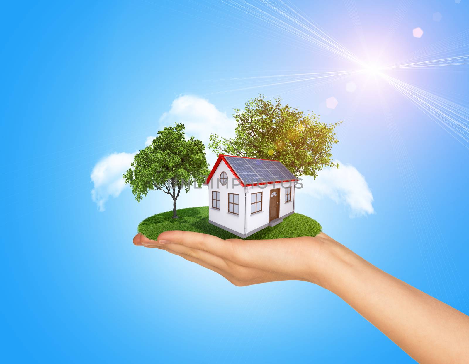 Hand holding house on green grass with tree and solar panels. Background clouds and blue sky