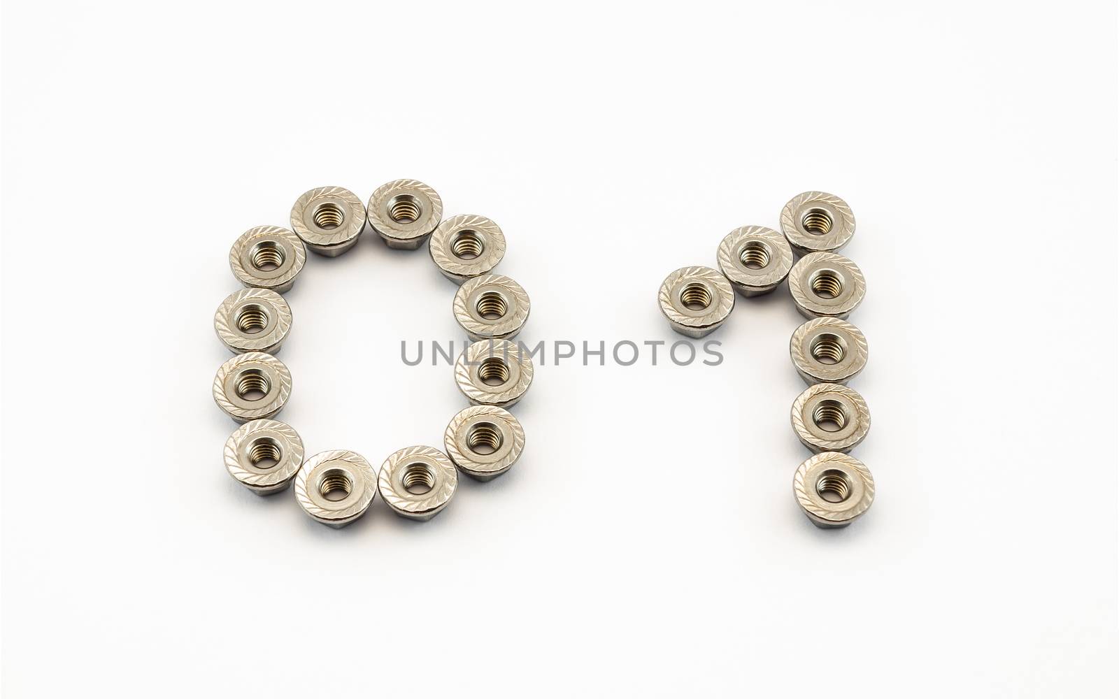 0 and 1 Number, Created by Stainless Steel Hex Flange Nuts.
