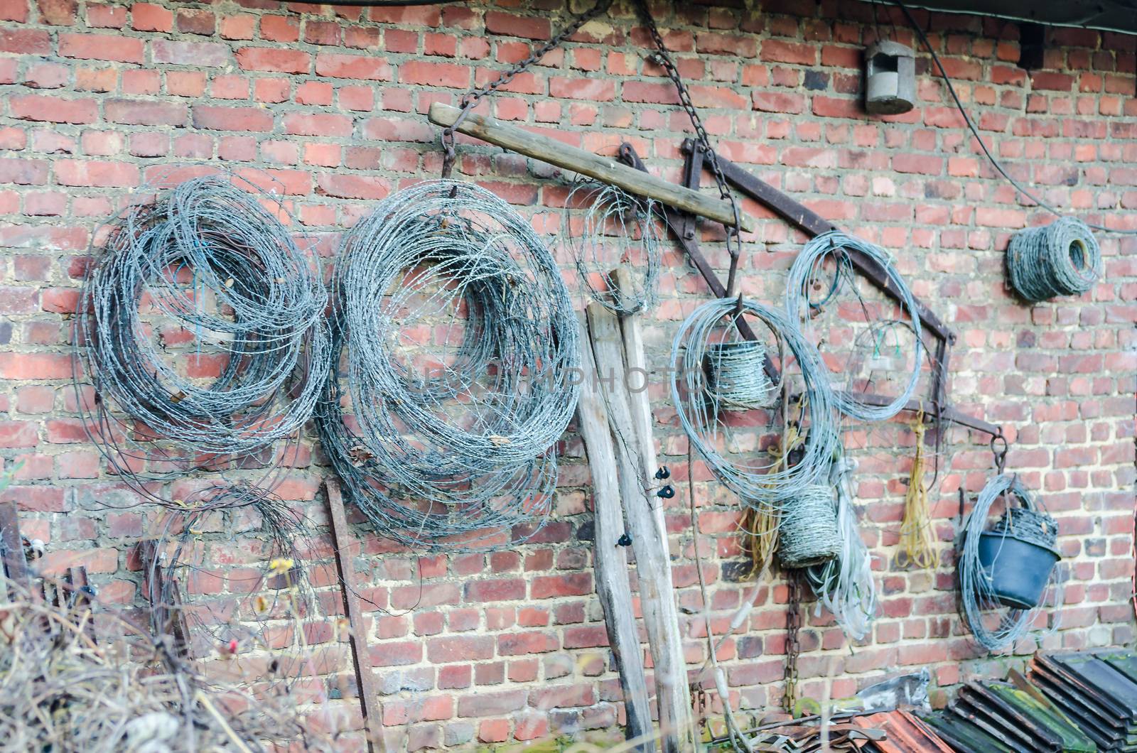 Various wire coils on a wall.