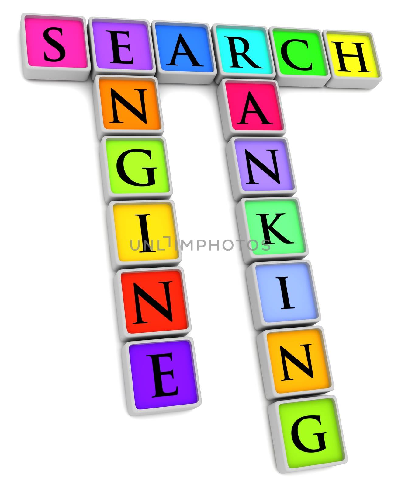 Illustration of colored tiles with the words Search, Engine and Ranking