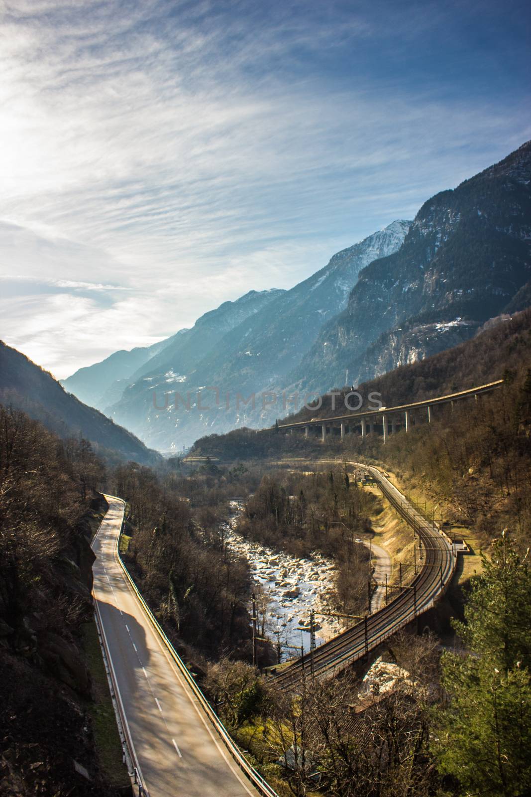 typical Swiss landscape, valleys between mountains, snow and trains