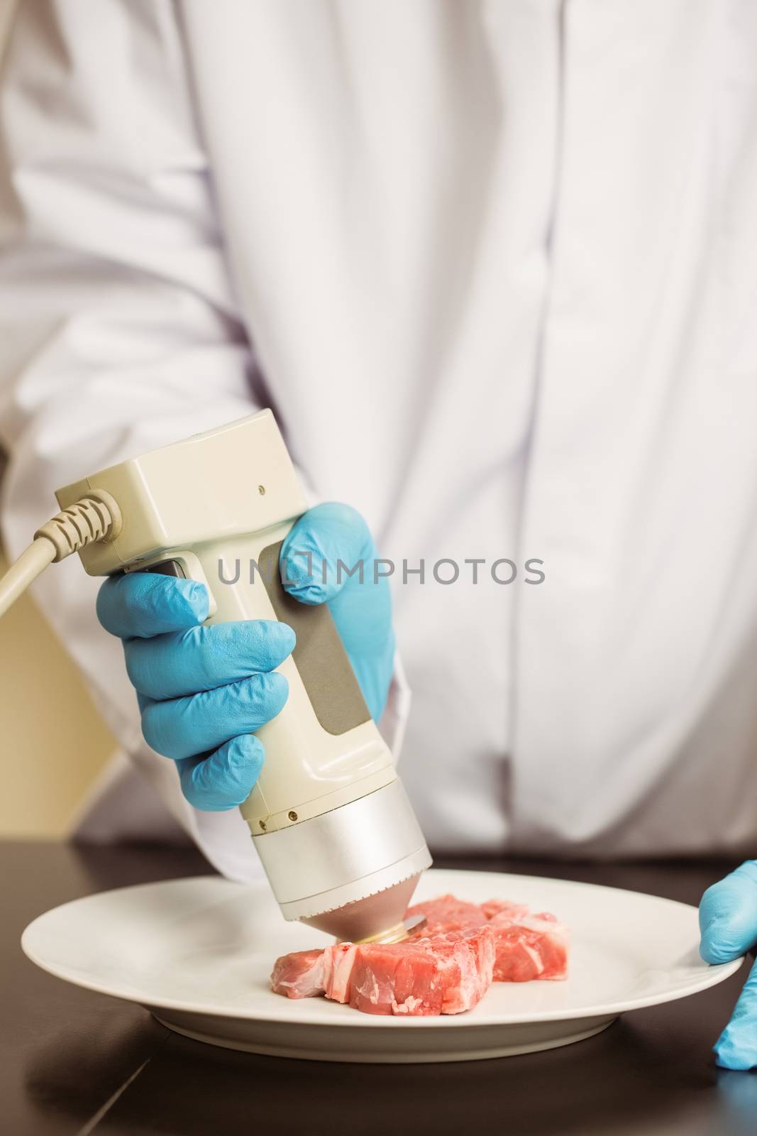 Food scientist using device on meat at the university