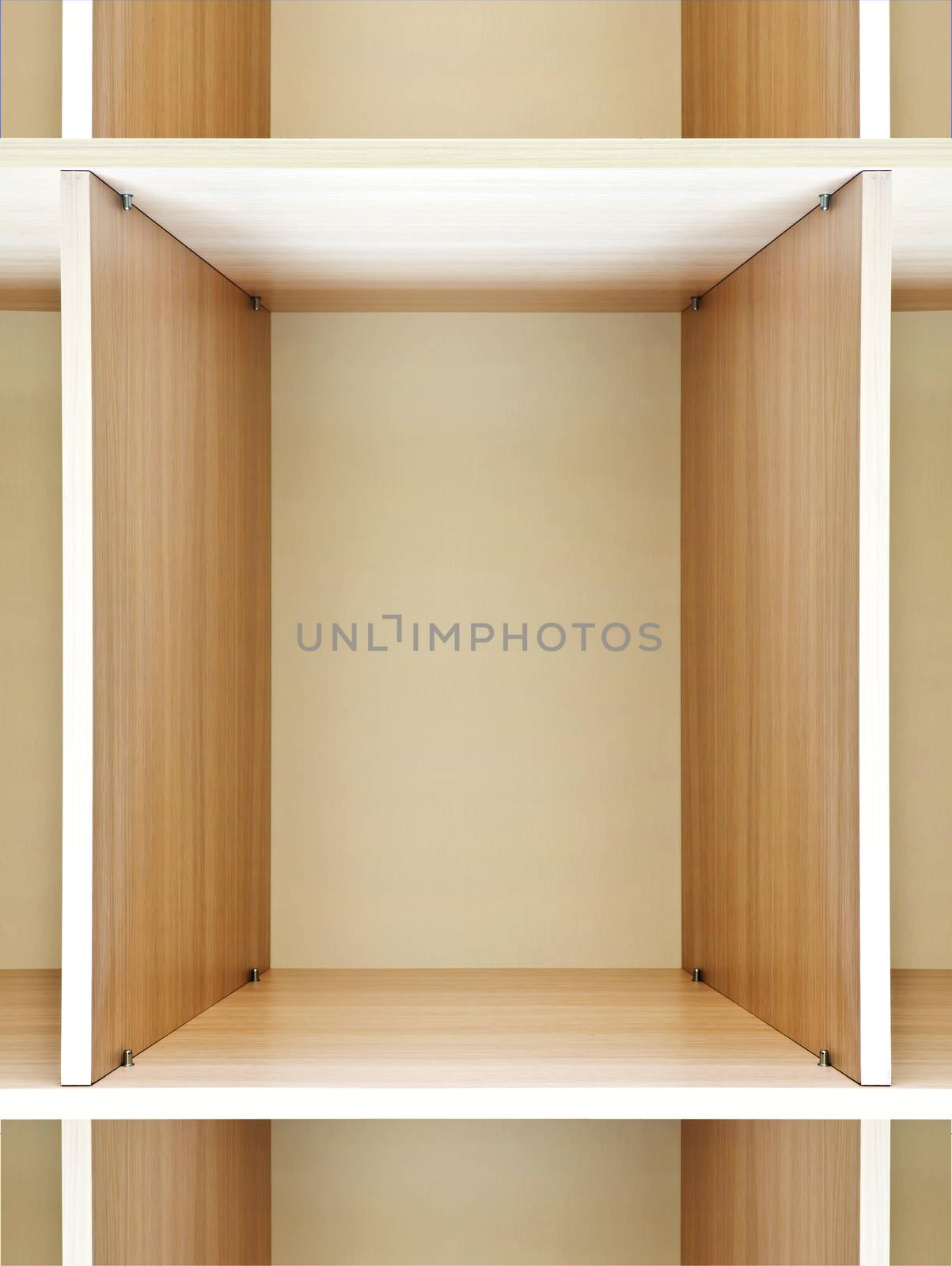 empty wooden shelving on the department store