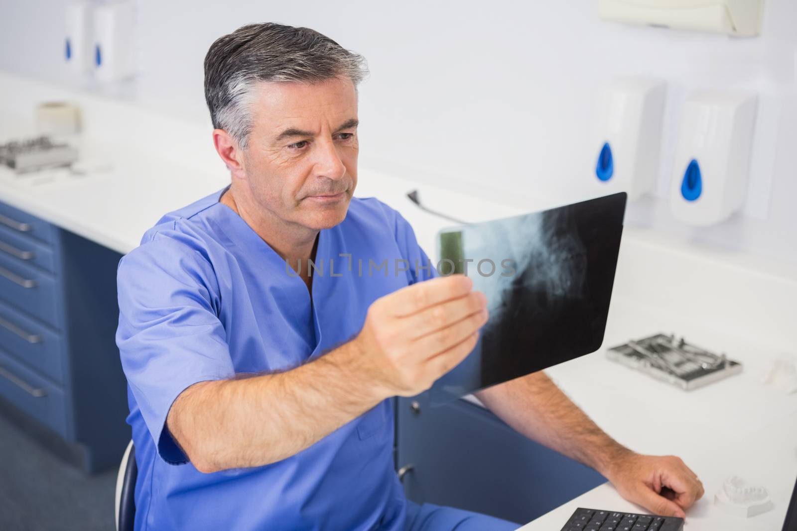 Dentist studying x-ray attentively in dental clinic